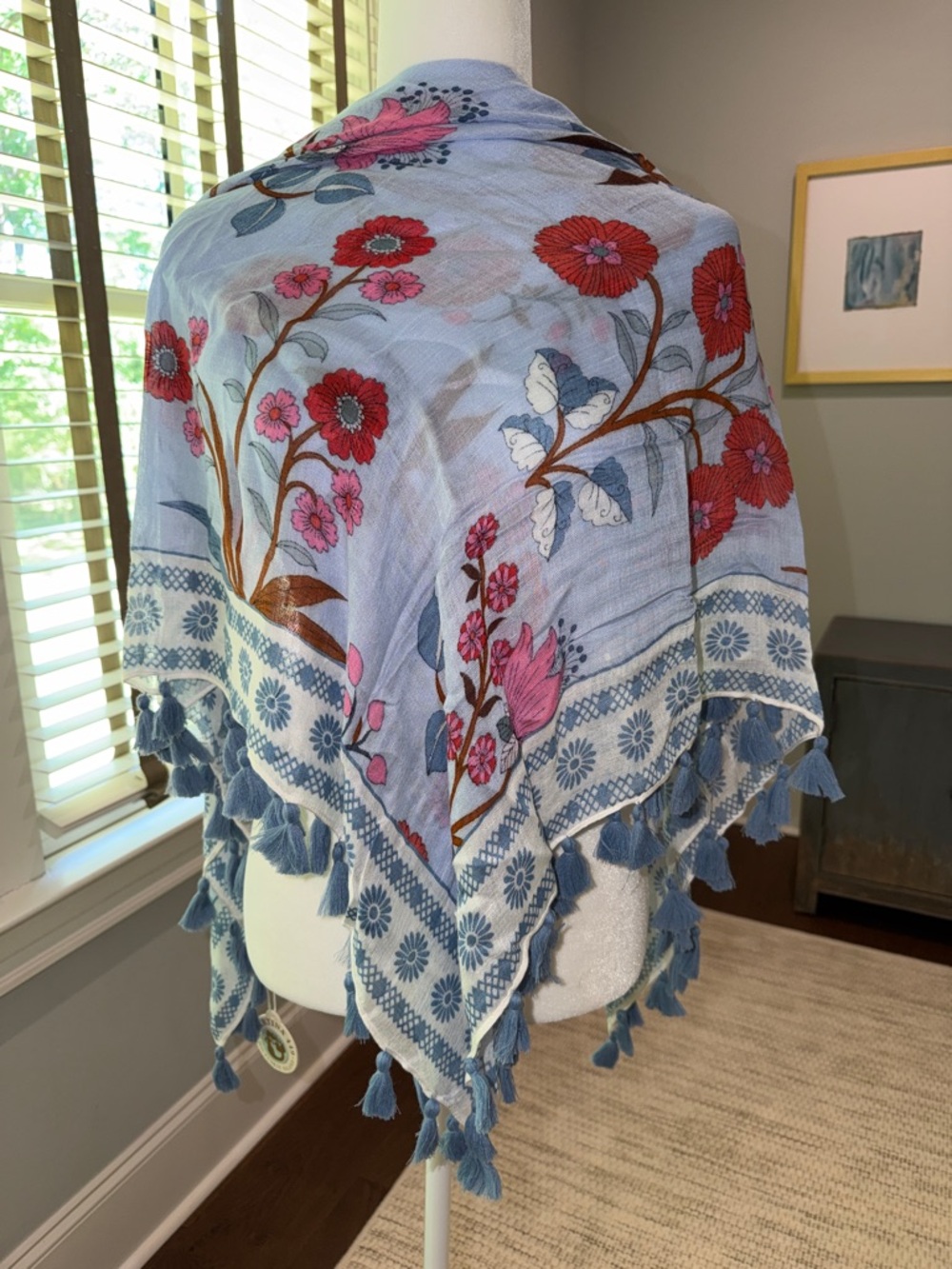 NWT. Spartina 449 Light Blue Floral Tassel Wrap/ Large Square Scarf in Oyster.
